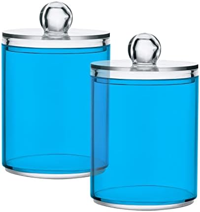 SHJI Sky Blue Qtip Holder Organizer Dispenser Cotton Swabs Cans Plastic Jars with Lid Set 2 Pack Bathroom Storage Canister for Cotton Ball Floss Cotton Pads