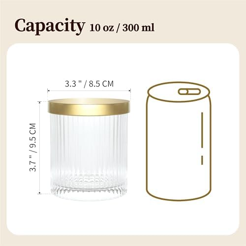 2 Pack Qtip Holder Dispenser with Metal Lids | Ribbed Glass Canister Set for Bathroom Vanity (Gold 2 Pcs)