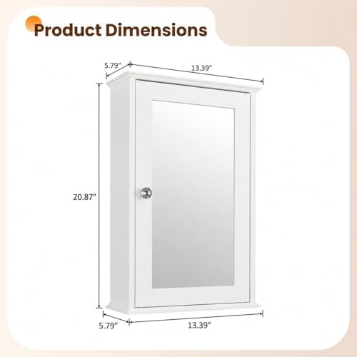 VINGLI Bathroom Wall Cabinet Wall Mount Mirrored Medicine Cabinet with Mirror Storage Organizer with Single Mirror Door and 2 Adjustable Shelves White