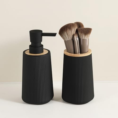 YAUKPH Bathroom Soap Dispenser and Toothbrush Holder Striped Black Bamboo