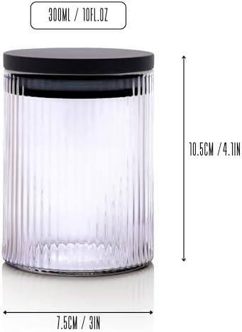 Mason & Fable Ribbed Glass Bathroom Jars with Black Bamboo Lids | Cotton Pad / Swab / Q tip | Bath Salt / Clear Vanity Apothecary Storage Canister Organizer-10fl.oz, Set of 2