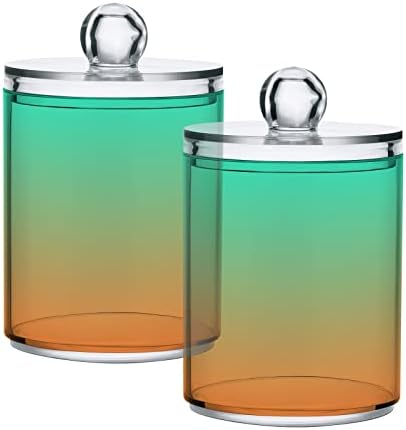 DOMIKING Green Orange Gradient 2 Pack Cotton Swab Holder Dispenser Plastic Jar Bathroom Storage Canister Acrylic Containers for Cotton Ball Floss Picks Hair Clips