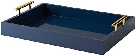 Kate and Laurel Lipton Decorative Tray with Polished Metal Handles, Navy Blue and Gold