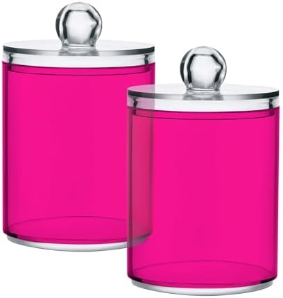 SHJI Deep Pink Qtip Holder Organizer Dispenser Cotton Swabs Cans Plastic Jars with Lid Set 2 Pack Bathroom Storage Canister for Cotton Ball Floss Cotton Pads