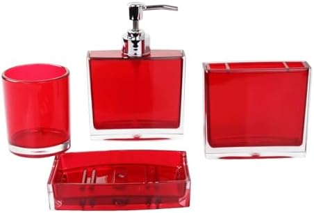 Bathroom Accessories Set, Acrylic Bathroom Accessory Set with Soap Dispenser,Soap Dish, Toothbrush Holder, Tumbler, Modern Bathroom Accessories Decor,Gift for Home (Red-4)