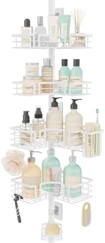 SWTYMIKI Shower Caddy Tension Pole - 4-Tier Corner Shower Organizer Tension Rod with Soap Holder, Toothbrush Holder & 4 Hooks, Adjustable Stainless Steel Bathroom Organizer 27.6 to 108.3 inch, White
