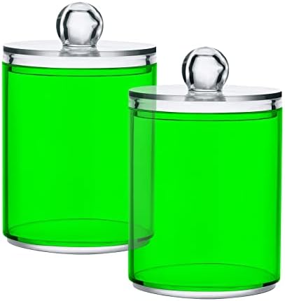 SHJI Green Qtip Holder Organizer Dispenser Cotton Swabs Cans Plastic Jars with Lid Set 4 Pack Bathroom Storage Canister for Cotton Ball Floss Cotton Pads