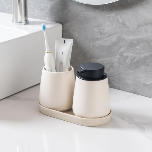 2 Pack Matte Beige Round Soap Dispenser Tray - 8'' Ceramic Vanity Tray & Organizer Plate Set, Bathroom & Kitchen Countertop Decor for Soap Dispenser, Jewelry, Cosmetics, Sink