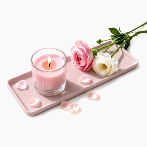 10″ x 3.5″ Ceramic Bathroom Vanity Tray, Rectangular Decorative Countertop Tray for Bathroom Kitchen, Ceramic Organizer Tray for Perfume, Candle, Jewelry, Cosmetics, Soap Dispenser, Pink