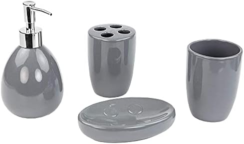 4-Piece Ceramic Bathroom Set (Grey), By Home Basics | Contemporary Design Bathroom Accessory Sets | Accessories For Bathroom | Includes Soap Dish, Tumbler, Toothbrush Holder, and Lotion Dispenser