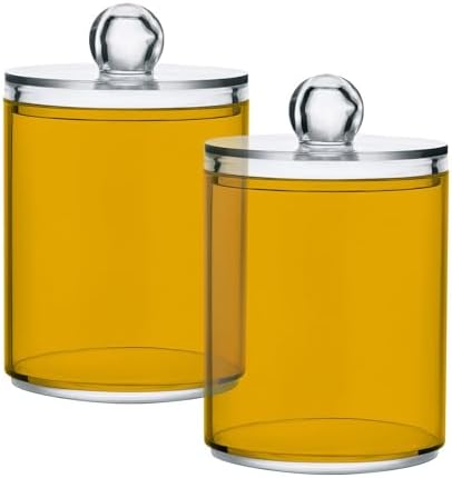 SHJI Mustard Yellow Qtip Holder Organizer Dispenser Cotton Swabs Cans Plastic Jars with Lid Set 4 Pack Bathroom Storage Canister for Cotton Ball Floss Cotton Pads