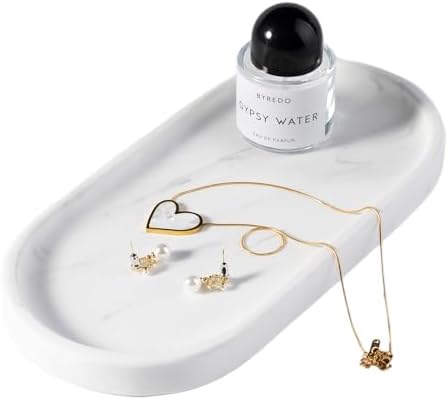 Koville White Marble Oval Tray for Bathroom Countertop, 10" x 5" Natural Marble Vanity Trays, Stone Perfume Organizer Tray for Decor, Jewelry Dish Perfume Trays for Dresser