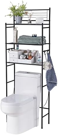 3-Shelf Over The Toilet Storage Bathroom Rack Space Saver Organizer Free Standing Metal Shelves with 4 Hooks, Black