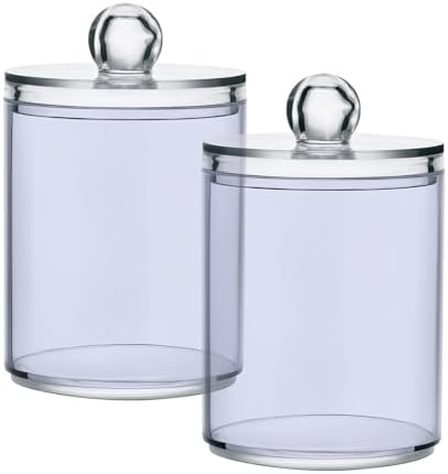 SHJI Lavender Qtip Holder Organizer Dispenser Cotton Swabs Cans Plastic Jars with Lid Set 2 Pack Bathroom Storage Canister for Cotton Ball Floss Cotton Pads