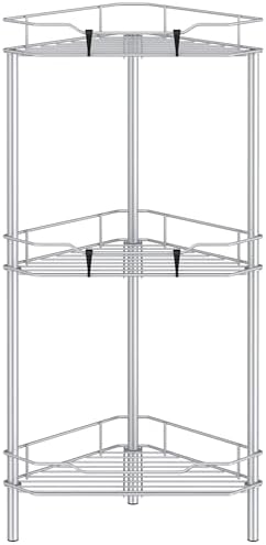 HuggieGems Metal Floor Standing Corner Shower Caddy, Silver, 3 Tier
