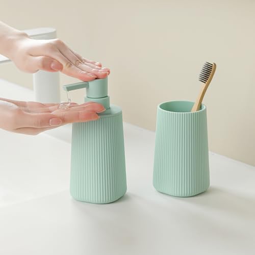 YAUKPH Bathroom Soap Dispenser and Toothbrush Holder Striped Green