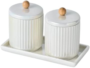 Ceramic Bathroom Canister Set with Coordinating Small Vanity Tray White