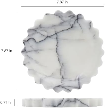 Round Marble Decorative Tray with Scalloped Edge, Luxury Natural Stone Bathroom Vanity Tray, Dresser Top Perfume Coffee Home Kitchen Sink Tray, Key Trinket Ring