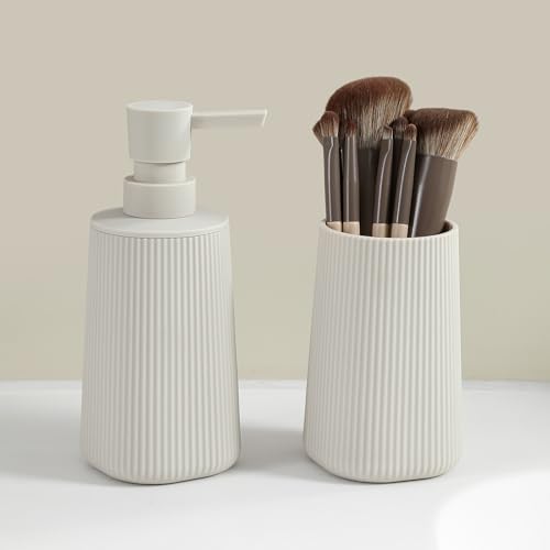 YAUKPH Bathroom Soap Dispenser and Toothbrush Holder Striped Beige