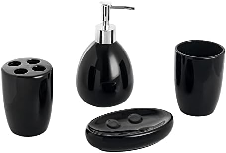 4-Piece Ceramic Bathroom Set (Black), By Home Basics | Contemporary Design Bathroom Accessory Sets | Accessories For Bathroom | Includes Soap Dish, Tumbler, Toothbrush Holder, and Lotion Dispenser