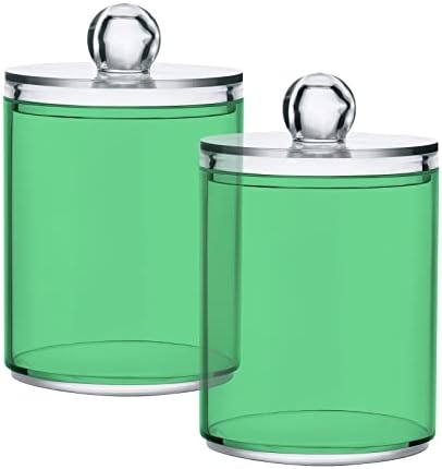 SHJI Navy Green Qtip Holder Organizer Dispenser Cotton Swabs Cans Plastic Jars with Lid Set 4 Pack Bathroom Storage Canister for Cotton Ball Floss Cotton Pads