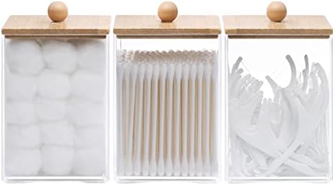 Tbestmax 3 Pack Square Qtip Holder - 12 oz Bathroom Organizers and Storage Containers, Plastic Apothecary Jars with Bamboo Lids for Cotton Ball, Cotton Swab, Floss