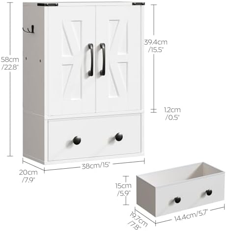 YATINEY Bathroom Wall Cabinet, Medicine Cabinet with Fabric Drawer, Double-Door Wall Mounted Storage Cabinet, 2 Hooks, Over The Toilet Space Saver Storage Cabinet, for Bathroom, Kitchen, White