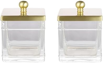 Glass Cotton Jar Holder 2 Pack– Brushed Gold Lid, Elegant Bathroom Storage Canister for Qtips, Cotton Balls, Floss, Makeup Organizer, Vanity & Bathroom Organization