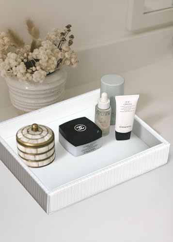 HofferRuffer Faux Leather Vanity Tray, Elegant Desktop Storage Organizer, Decorative Catchall for Perfume, Bathroom Valet, Nightstand or Dresser, 10.2 x 8.4 x 1.8 inches (White Stripe)