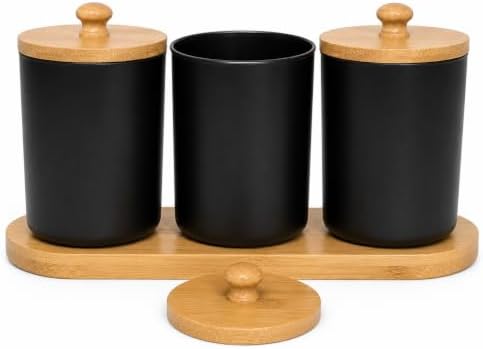 Q Tip Holder Bathroom Set with Tray, Matte Black Cotton Swab Holder