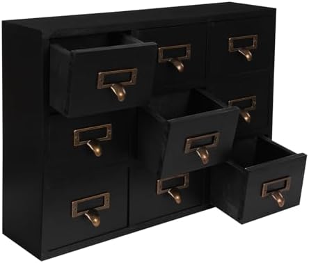 Apothecary Cabinet with 9 Drawers Card Catalog Cabinet, Library Card Catalog Drawer with Metal Handles & Label Slot Wooden Desk Drawer Organizer for Herb Storage, Tea Collection (Black)