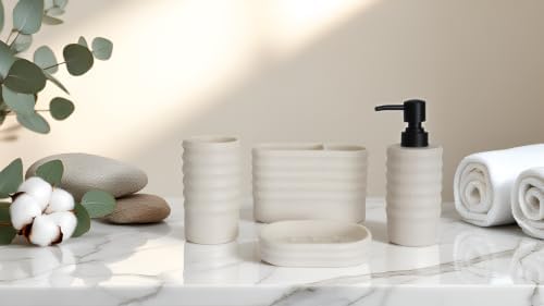 Hymmah Bathroom Accessories Set,Apartment Essentials Farmhouse Bathroom Decor,4 Pcs Resin Gift Set Apartment Necessities, Contain Toothbrush Holder,Soap Dispenser,Soap Dish,Tumbler
