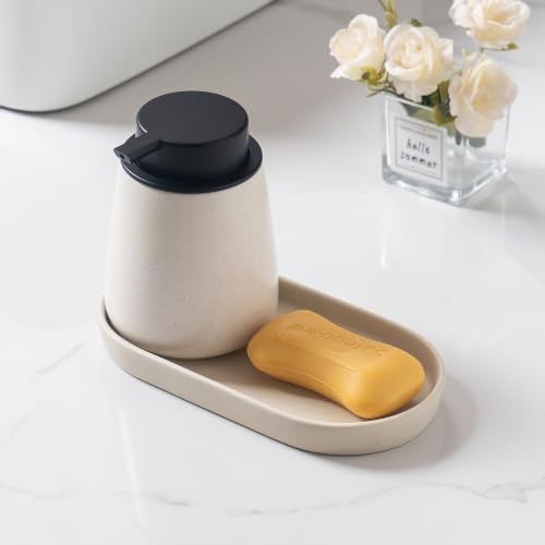 Matte Beige Round Soap Dispenser Tray - 8'' Ceramic Vanity Tray for Bathroom Decorative, Jewelry Ring Dish, Comestic Holder, Kitchen Sink Countertop Organizer Plate