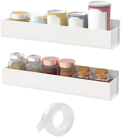 VAEHOLD Adhesive Acrylic Spice Rack with Nano Double Sided Tape Wall Mount Organizer Wall Spice Rack With Shelf Ends for Kitchen Cabinet Door - 2 Pack 12'' Shelves (White)