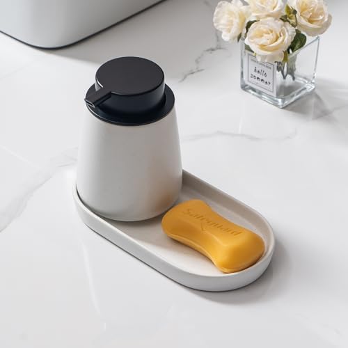 Speckled White Round Soap Dispenser Tray - 8'' Ceramic Vanity Tray for Bathroom Decorative, Jewelry Ring Dish, Comestic Holder, Kitchen Sink Countertop Organizer Plate