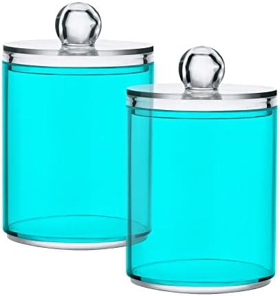 SHJI Teal Green Qtip Holder Organizer Dispenser Cotton Swabs Cans Plastic Jars with Lid Set 4 Pack Bathroom Storage Canister for Cotton Ball Floss Cotton Pads