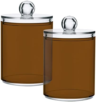 DOMIKING Brown 2 Pack Cotton Swab Holder Dispenser Plastic Jar Bathroom Storage Canister Acrylic Containers for Cotton Ball Floss Picks Hair Clips