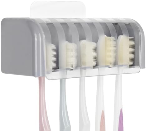 LUEXBOX 5 Slots Wall Mount Toothbrush Holder with Cover, Self Adhesive Toothbrush Storage Organizer for Shower, Toothbrush Hanger for Bathroom, Medicine Cabinet, Dorm (Grey)