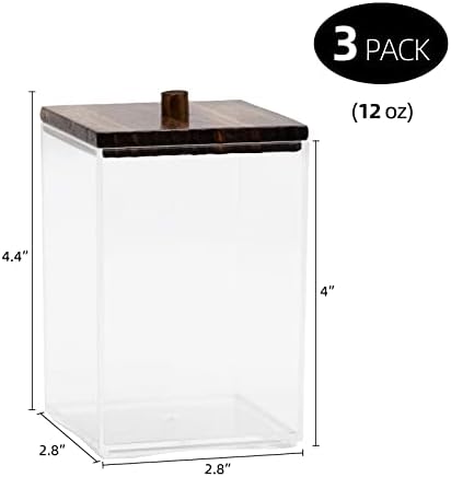 Tbestmax 3 Pack Qtip Holder - 12 oz Bathroom Organizer and Storage Containers, Plastic Square Apothecary Jars with Black Bamboo Lids for Cotton Ball, Cotton Swab, Floss