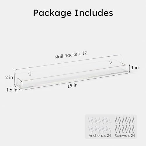 FEMELI Acrylic Nail Polish Wall Rack, 12 Pack 15 Inch Organizer Shelves