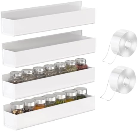VAEHOLD 4PACK Adhesive Acrylic Spice Rack with Nano Double Sided Tape Wall Mount Organizer (White)