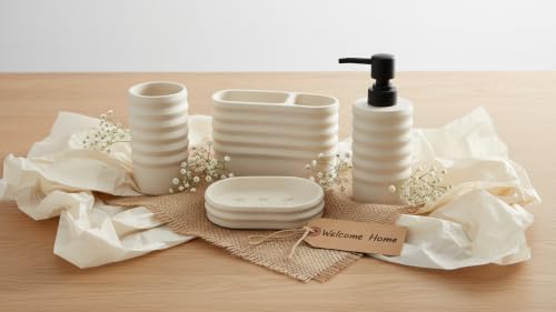 Hymmah Bathroom Accessories Set,Apartment Essentials Farmhouse Bathroom Decor,4 Pcs Resin Gift Set Apartment Necessities, Contain Toothbrush Holder,Soap Dispenser,Soap Dish,Tumbler