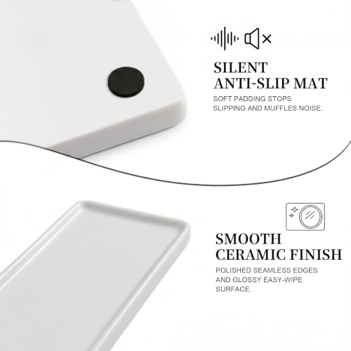 10″ x 3.5″ Ceramic Bathroom Vanity Tray, Rectangular Decorative Countertop Tray for Bathroom Kitchen, Ceramic Organizer Tray for Perfume, Candle, Jewelry, Cosmetics, Soap Dispenser, Dresser Top, White