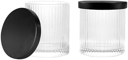 2 Pack Qtip Holder Dispenser with Metal Lids | Ribbed Glass Canister Set for Bathroom Vanity (Black 2 Pcs)