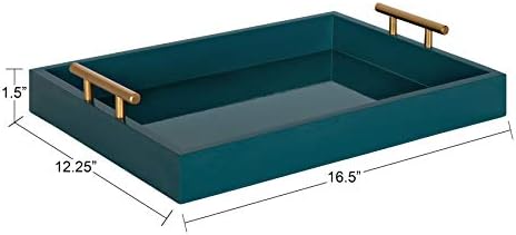 Kate and Laurel Lipton Mid Century Modern Decorative Wood Tray with Brushed Gold Metal Handles, Dark Teal