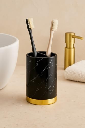 WPM 4 Piece Ceramic Bathroom Accessories Set - Marble Look Black Gold - Our Complete Bath Decor Kit Includes Designer Soap or Lotion Dispenser - Toothbrush Holder - Tumbler - Soap Dish