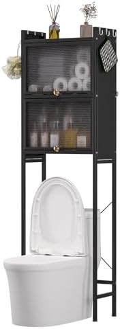 Over the Toilet Storage Cabinet, Above Toilet Storage Rack with Doors, 3-Tier Large Capacity Bathroom Organizer Shelf, Metal Waterproof Bathroom Rack for Home, Restroom, Laundry Black