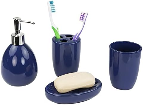 4-Piece Ceramic Bathroom Set (Navy), By Home Basics | Contemporary Design Bathroom Sets | Bath Accessories For Bathroom | Includes Soap Dish, Tumbler, Toothbrush Holder, and Lotion Dispenser