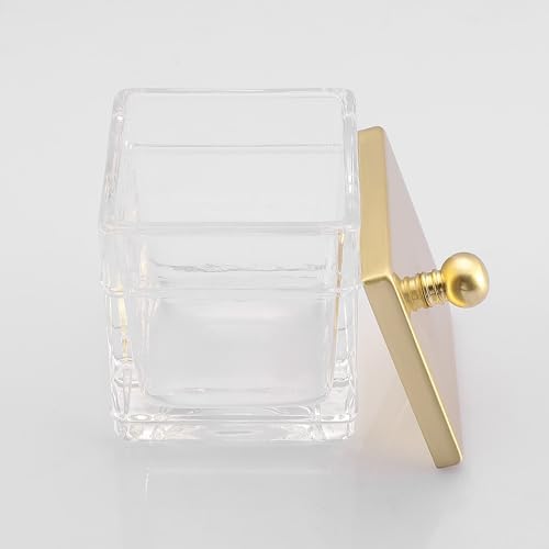 Glass Cotton Jar Holder 2 Pack– Brushed Gold Lid, Elegant Bathroom Storage Canister for Qtips, Cotton Balls, Floss, Makeup Organizer, Vanity & Bathroom Organization