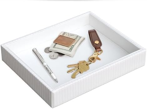HofferRuffer Faux Leather Vanity Tray, Elegant Desktop Storage Organizer, Decorative Catchall for Perfume, Bathroom Valet, Nightstand or Dresser, 10.2 x 8.4 x 1.8 inches (White Stripe)
